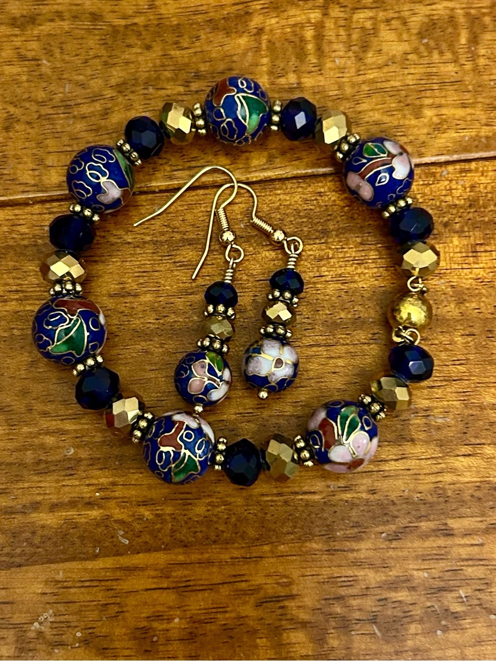 Blue Cloisonné Memory Wire Bracelet & Earrings